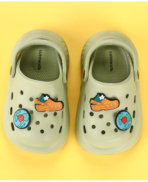 Cute Walk by Babyhug Back Strap Clogs With Shoes & Earth Applique - Olive Green