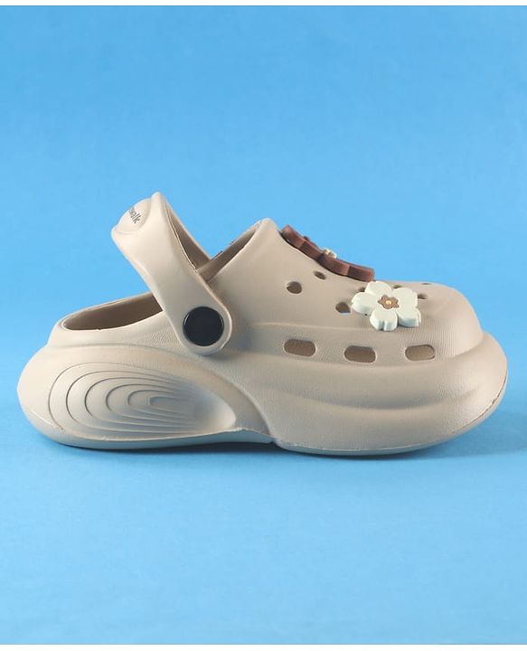 Cute Walk by Babyhug Back Strap Solid Clogs With Floral & Bear Applique - Beige