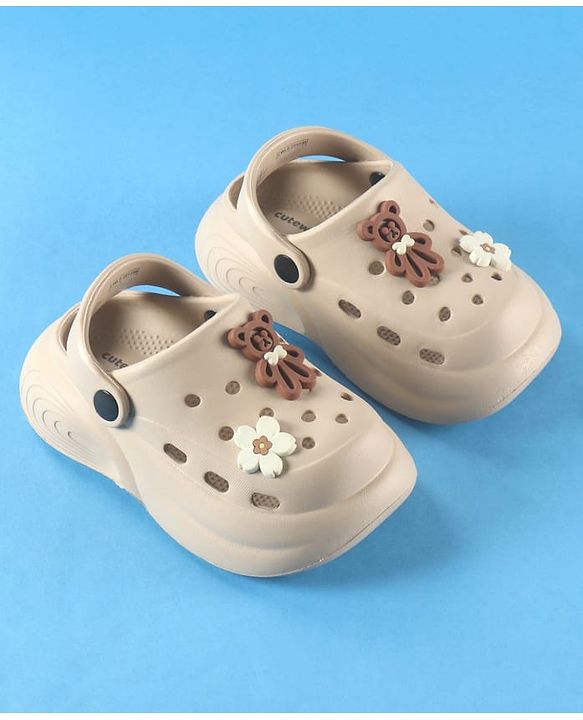 Cute Walk by Babyhug Back Strap Solid Clogs With Floral & Bear Applique - Beige