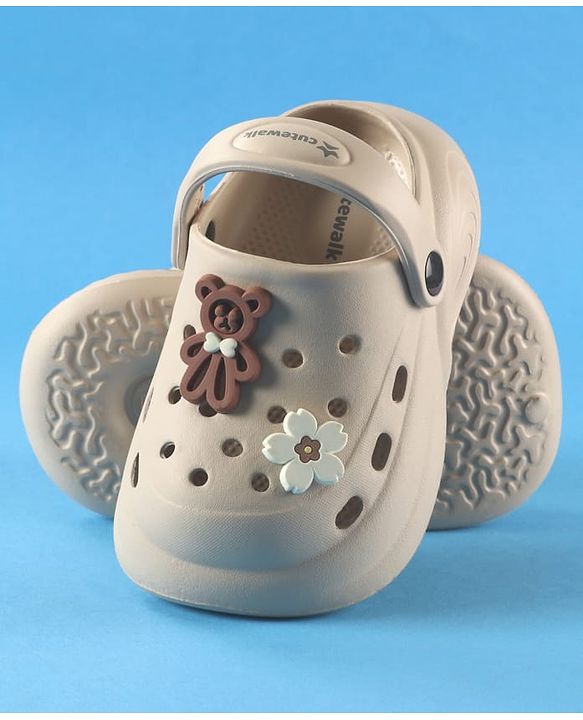 Cute Walk by Babyhug Back Strap Solid Clogs With Floral & Bear Applique - Beige
