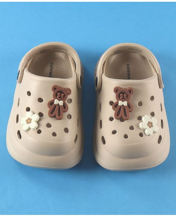 Cute Walk by Babyhug Back Strap Solid Clogs With Floral & Bear Applique - Beige