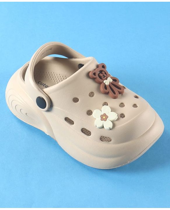 Cute Walk by Babyhug Back Strap Solid Clogs With Floral & Bear Applique - Beige
