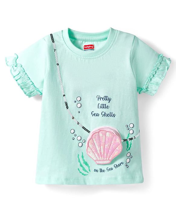 Babyhug Cotton Knit Half Sleeves T-Shirt With Sequin Detailing & Seashell Applique - Multicolor