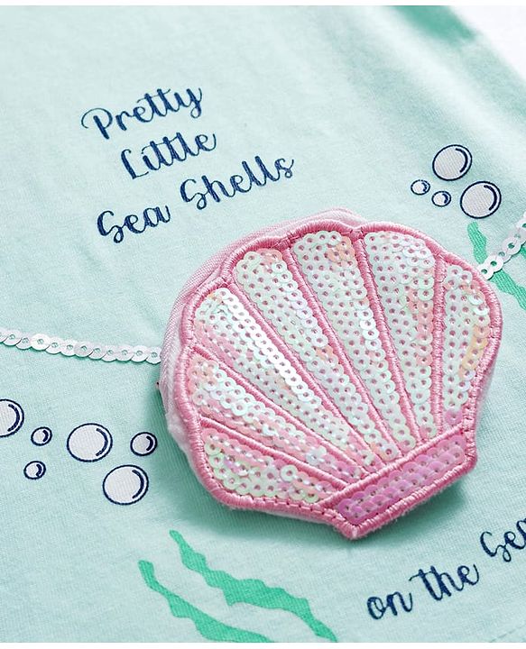 Babyhug Cotton Knit Half Sleeves T-Shirt With Sequin Detailing & Seashell Applique - Multicolor