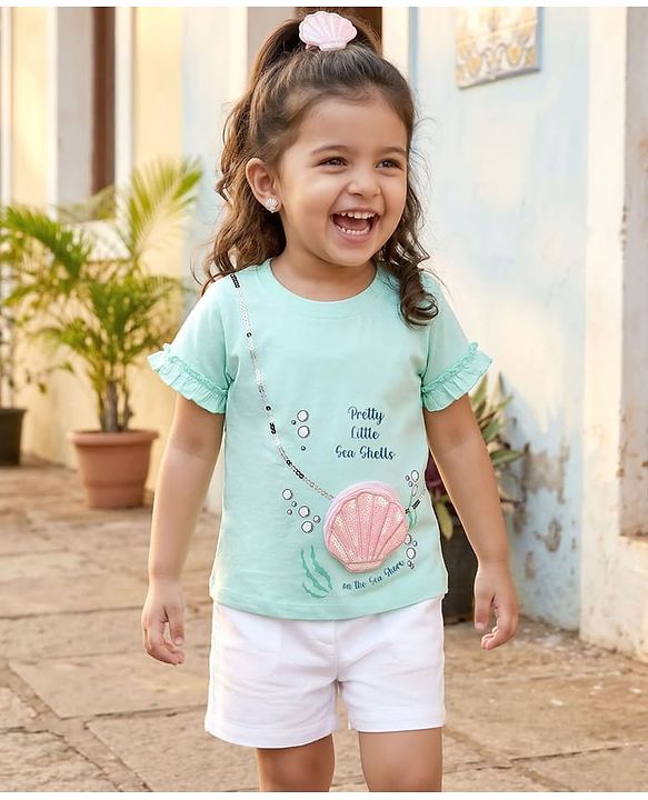 Babyhug Cotton Knit Half Sleeves T-Shirt With Sequin Detailing & Seashell Applique - Multicolor