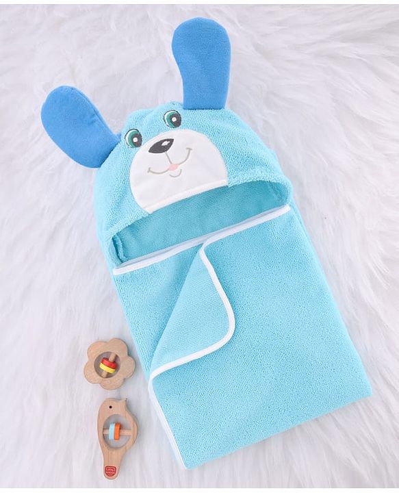 Babyhug Terry Knit Hooded Microfiber Towel With Teddy Face Applique L 74 x B 70 cm - Aqua Blue