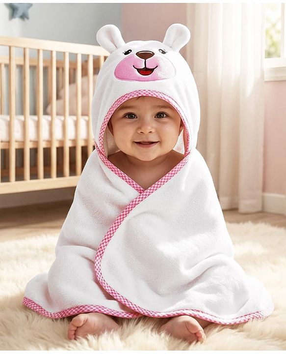 Babyhug Terry Knit Microfiber Hooded Towel with Bunny Embroidery & Applique L 75 x B 70 cm - White