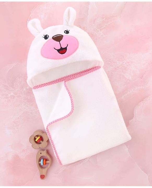 Babyhug Terry Knit Microfiber Hooded Towel with Bunny Embroidery & Applique L 75 x B 70 cm - White
