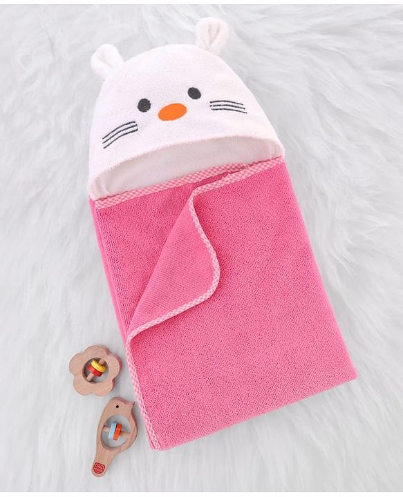 Babyhug Terry Knit Microfiber Hooded Towel with Bunny Embroidery & Applique L 75 x B 70 cm - Pink