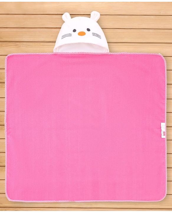 Babyhug Terry Knit Microfiber Hooded Towel with Bunny Embroidery & Applique L 75 x B 70 cm - Pink