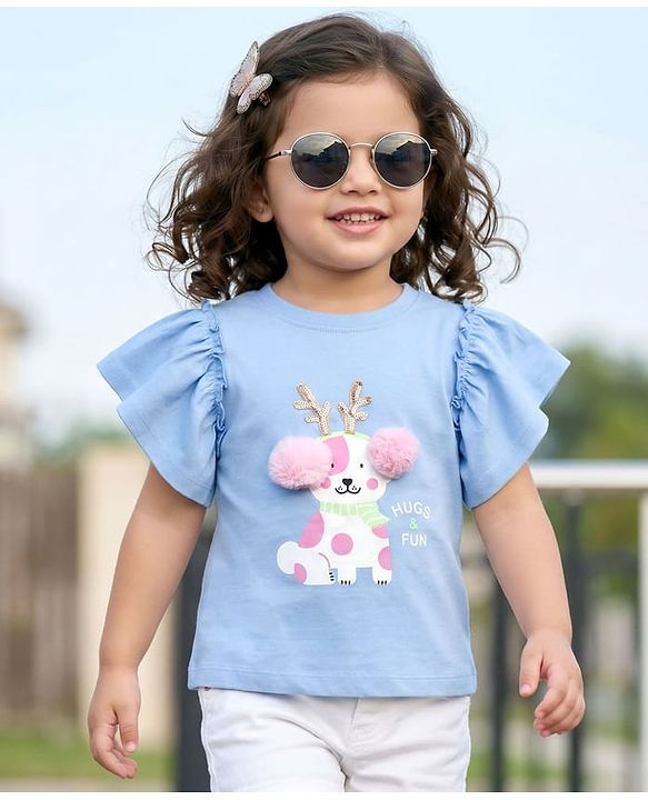 Babyhug 100% Cotton Knit Half Sleeves T-Shirt With Dog Print & Sequin Detailing - Multicolor