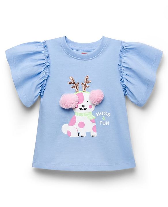Babyhug 100% Cotton Knit Half Sleeves T-Shirt With Dog Print & Sequin Detailing - Multicolor