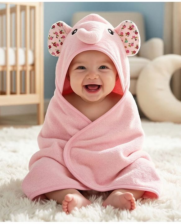 Babyhug Terry Knit Hooded Towel With Elephant Design & Floral Print L 73 x B 73 cm - Pink