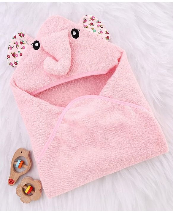 Babyhug Terry Knit Hooded Towel With Elephant Design & Floral Print L 73 x B 73 cm - Pink