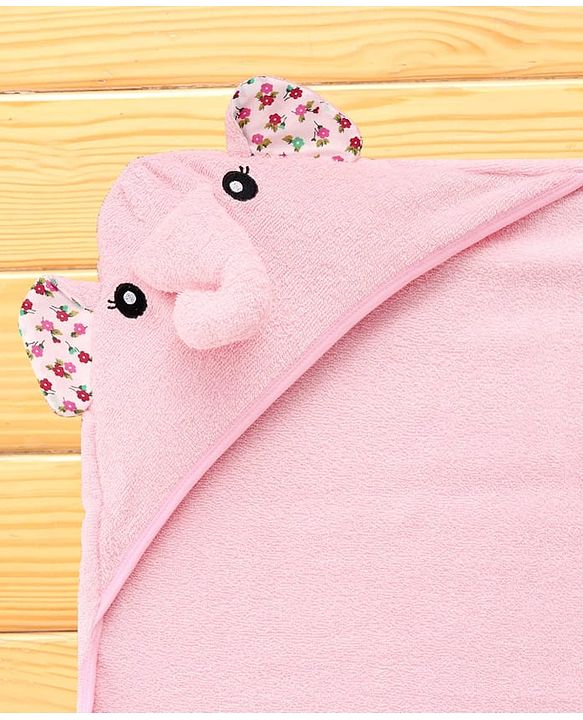 Babyhug Terry Knit Hooded Towel With Elephant Design & Floral Print L 73 x B 73 cm - Pink