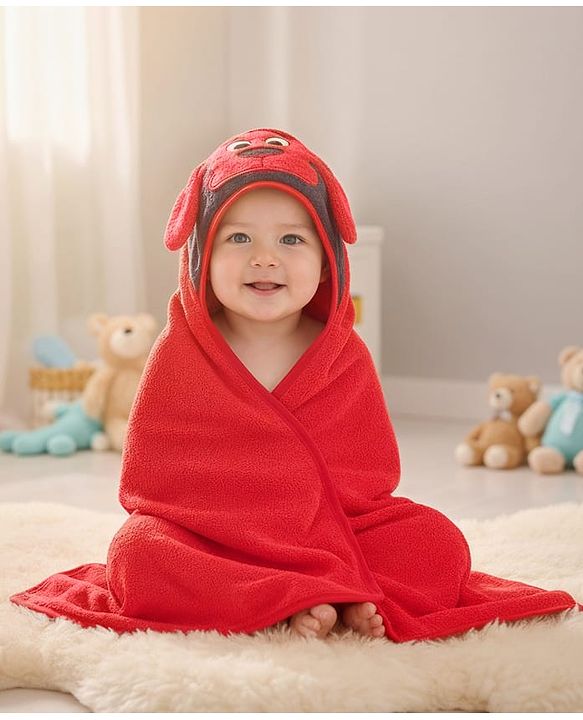 BABYHUG TERRY Knit Hooded Towel With Dog Patch L 71.5 cm x B 70.5 cm - Red
