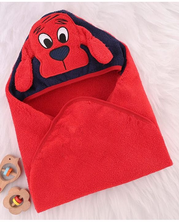 BABYHUG TERRY Knit Hooded Towel With Dog Patch L 71.5 cm x B 70.5 cm - Red