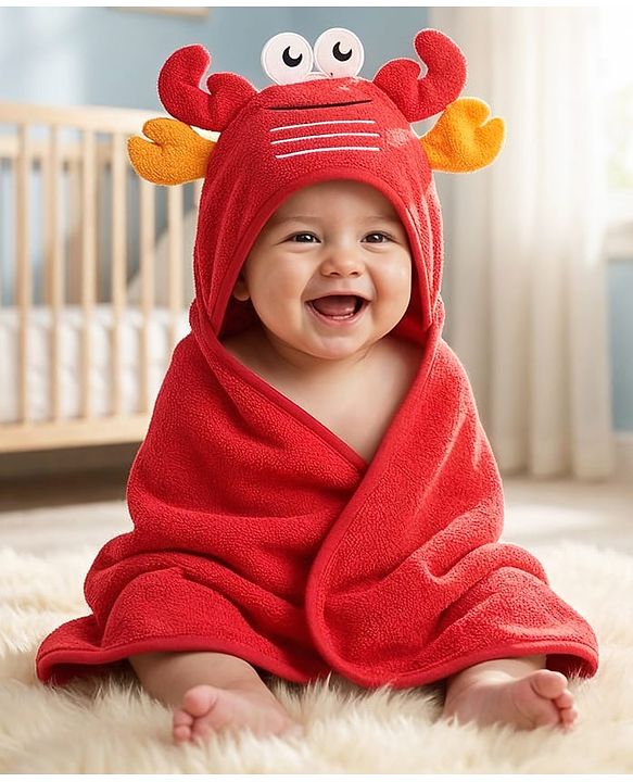 Babyhug Terry Knit Hooded Towel With Crab Design L 71.5 cm X B 68.5 cm -  Red