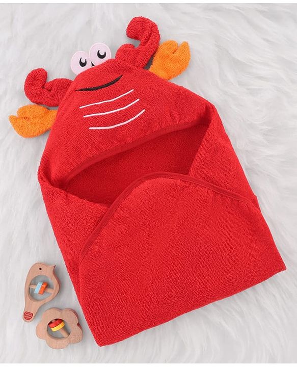 Babyhug Terry Knit Hooded Towel With Crab Design L 71.5 cm X B 68.5 cm -  Red