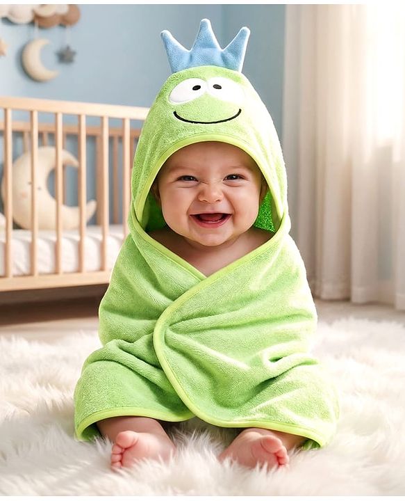 Babyhug Terry Knit Hooded Towel With Frog Design L 73 x B 73 cm - Lime Green