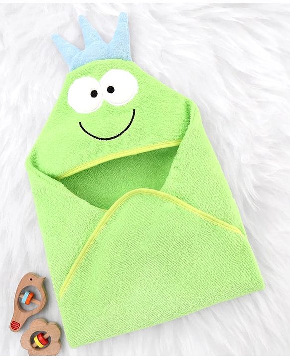 Babyhug Terry Knit Hooded Towel With Frog Design L 73 x B 73 cm - Lime Green