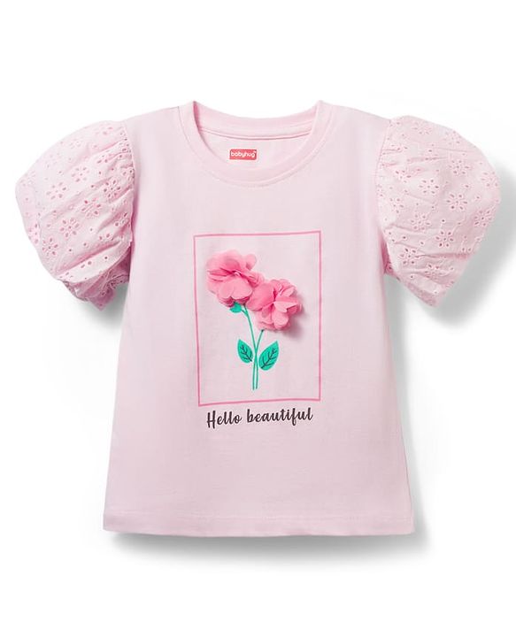 Babyhug Cotton Knit Half Sleeves T-Shirt With Floral Applique - Pink