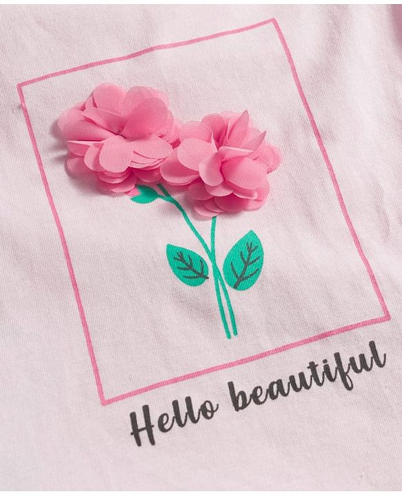 Babyhug Cotton Knit Half Sleeves T-Shirt With Floral Applique - Pink