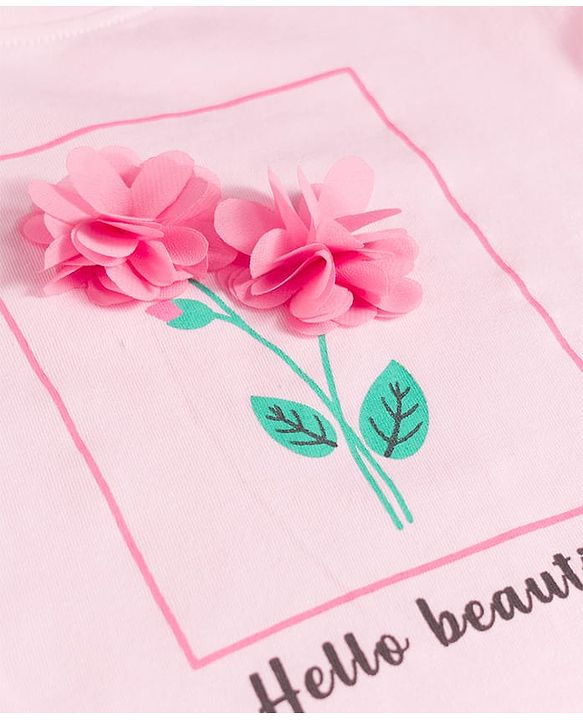 Babyhug Cotton Knit Half Sleeves T-Shirt With Floral Applique - Pink
