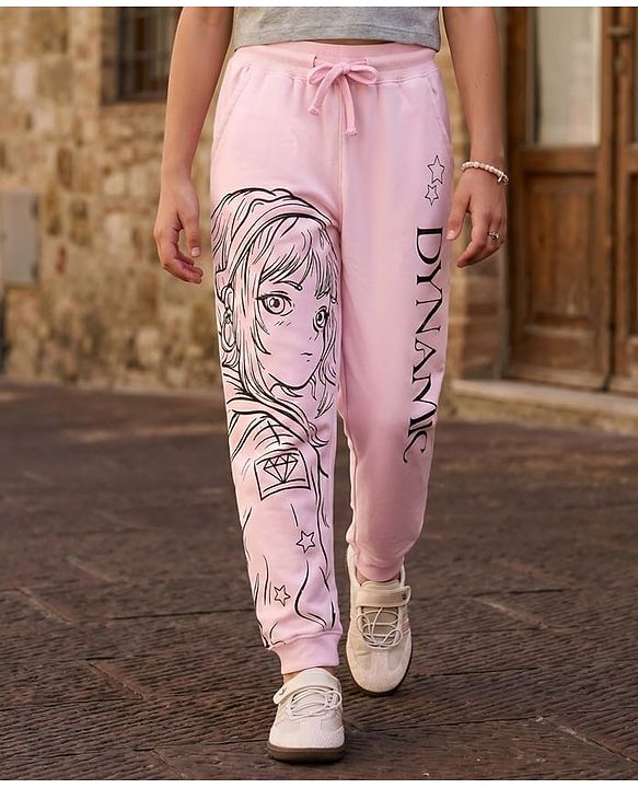 Pine Kids Knit Full Length Anime & Text Printed Lounge Pant - Pink
