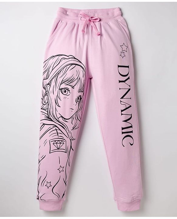 Pine Kids Knit Full Length Anime & Text Printed Lounge Pant - Pink