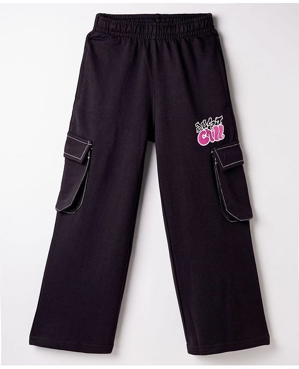 Pine Kids Knit Full Length Track Pant with Text Print & Pockets - Black