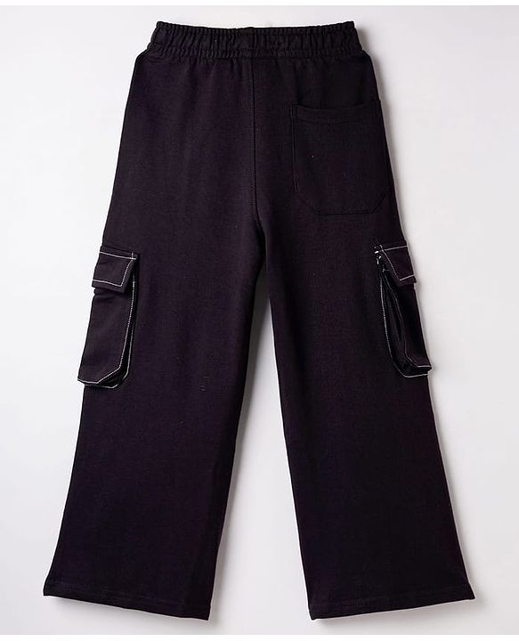Pine Kids Knit Full Length Track Pant with Text Print & Pockets - Black
