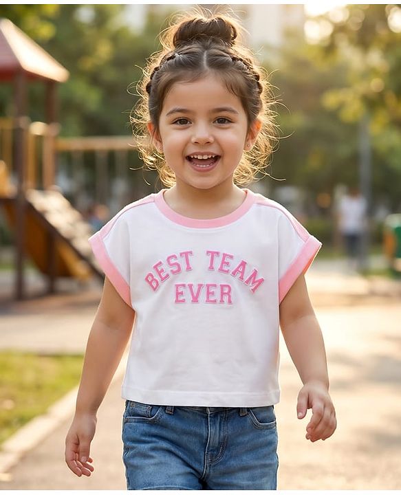 Babyhug Cotton Knit Half Sleeves  Oversized T-Shirt With Best Team Ever Print - White
