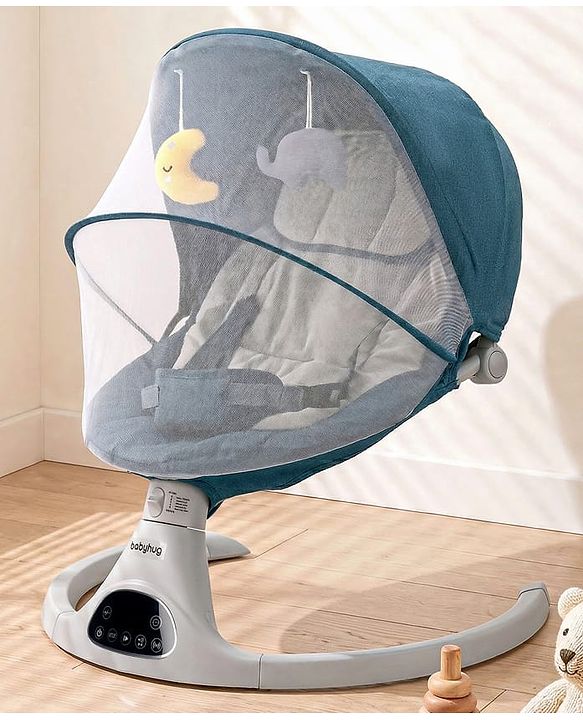 Babyhug Electric Rocker with Mosquito Net - Blue| Baby Swing Cradle with Remote| 6 Speed Levels| Safety Harness| Built-in Music with Volume Control| Off Timer| Silent Operation| Remote Control