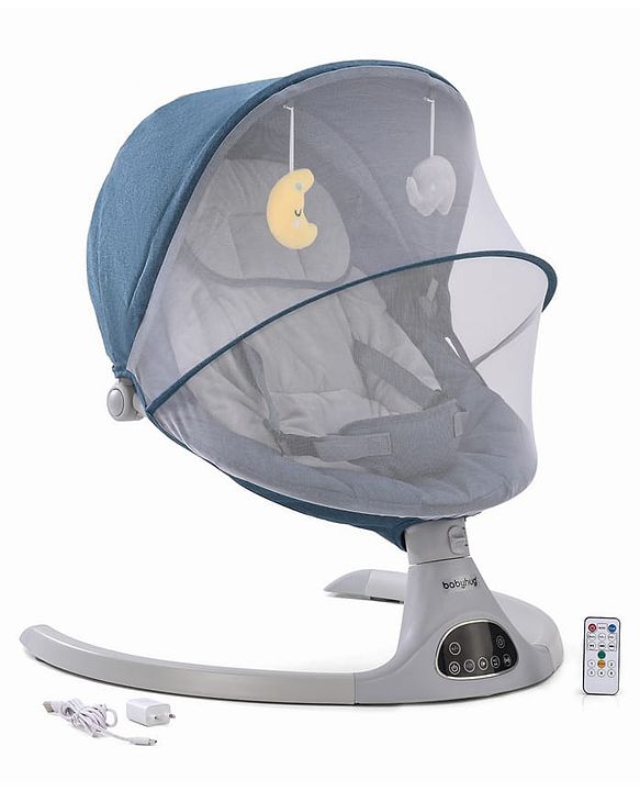 Babyhug Electric Rocker with Mosquito Net - Blue| Baby Swing Cradle with Remote| 6 Speed Levels| Safety Harness| Built-in Music with Volume Control| Off Timer| Silent Operation| Remote Control