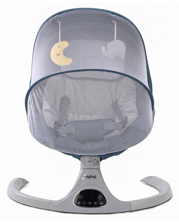 Babyhug Electric Rocker with Mosquito Net - Blue| Baby Swing Cradle with Remote| 6 Speed Levels| Safety Harness| Built-in Music with Volume Control| Off Timer| Silent Operation| Remote Control