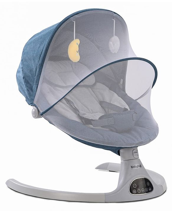 Babyhug Electric Rocker with Mosquito Net - Blue| Baby Swing Cradle with Remote| 6 Speed Levels| Safety Harness| Built-in Music with Volume Control| Off Timer| Silent Operation| Remote Control