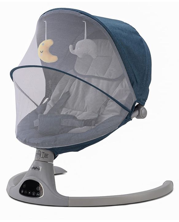 Babyhug Electric Rocker with Mosquito Net - Blue| Baby Swing Cradle with Remote| 6 Speed Levels| Safety Harness| Built-in Music with Volume Control| Off Timer| Silent Operation| Remote Control