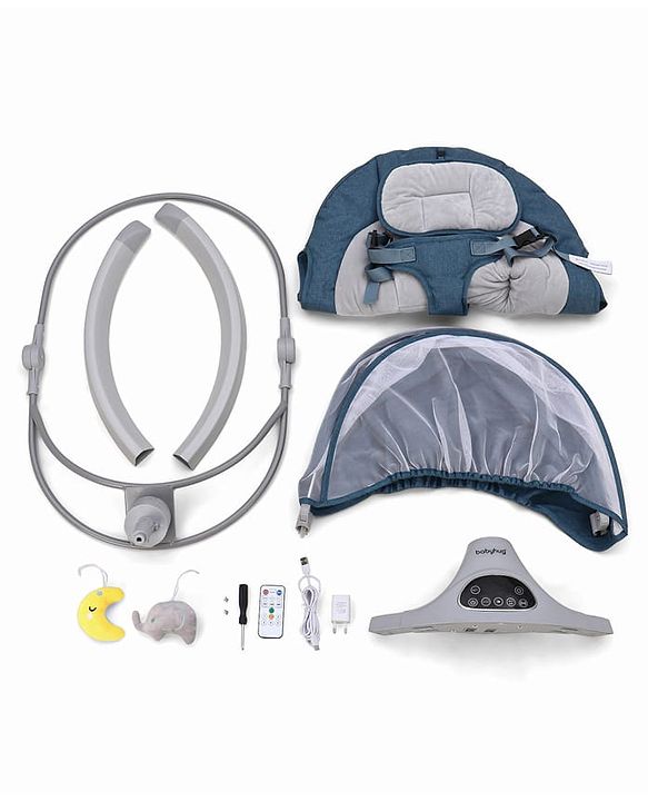 Babyhug Electric Rocker with Mosquito Net - Blue| Baby Swing Cradle with Remote| 6 Speed Levels| Safety Harness| Built-in Music with Volume Control| Off Timer| Silent Operation| Remote Control