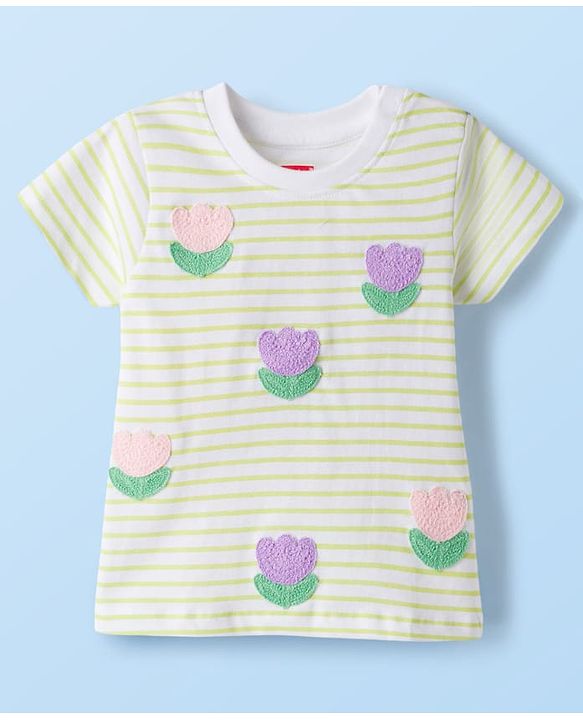 Babyhug 100% Cotton Knit Half Sleeves Floral Embroidered Striped T-Shirt - Multicolour