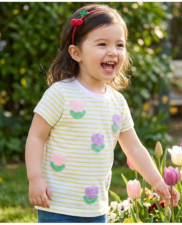 Babyhug 100% Cotton Knit Half Sleeves Floral Embroidered Striped T-Shirt - Multicolour