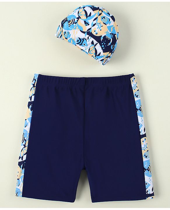 Pine Active Sea Life Printed Swimming Trunk & Cap - Navy Blue