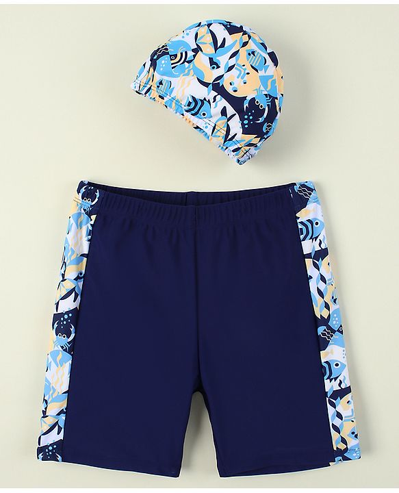 Pine Active Sea Life Printed Swimming Trunk & Cap - Navy Blue