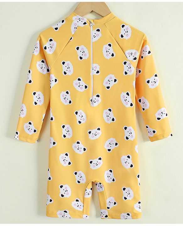 Babyhug Raglan Half Sleeves Animal Printed Legged Swimsuit - Yellow