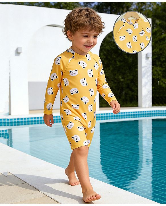 Babyhug Raglan Half Sleeves Animal Printed Legged Swimsuit - Yellow