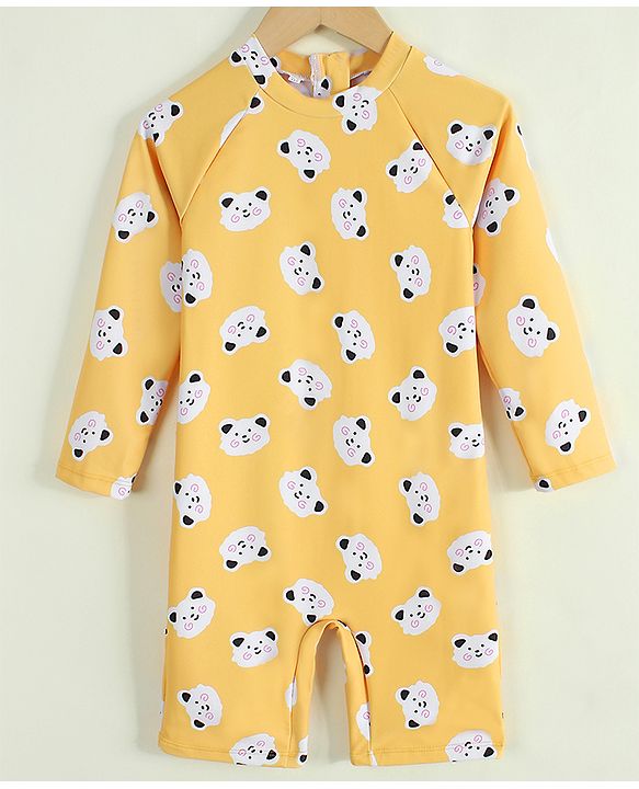 Babyhug Raglan Half Sleeves Animal Printed Legged Swimsuit - Yellow