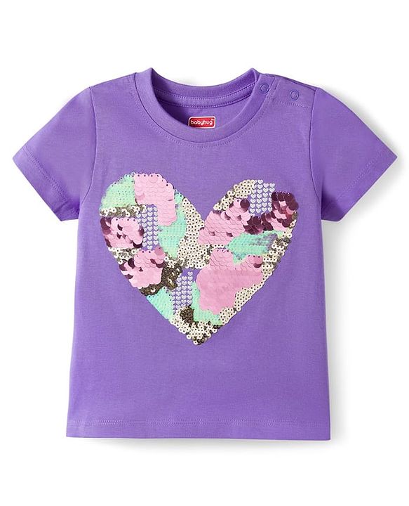 Babyhug Cotton Knit Half Sleeves T-Shirt With Sequin Detailing - Multicolor
