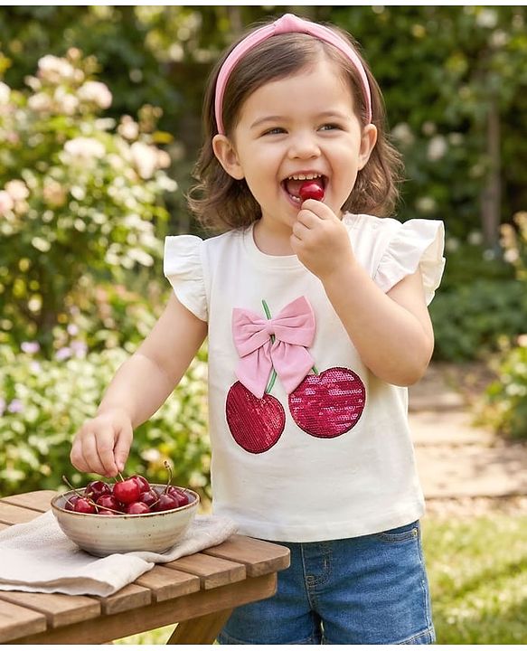 Babyhug Cotton Knit Half Sleeves T-Shirt With Sequin Detailing & Bow Applique - Multicolor