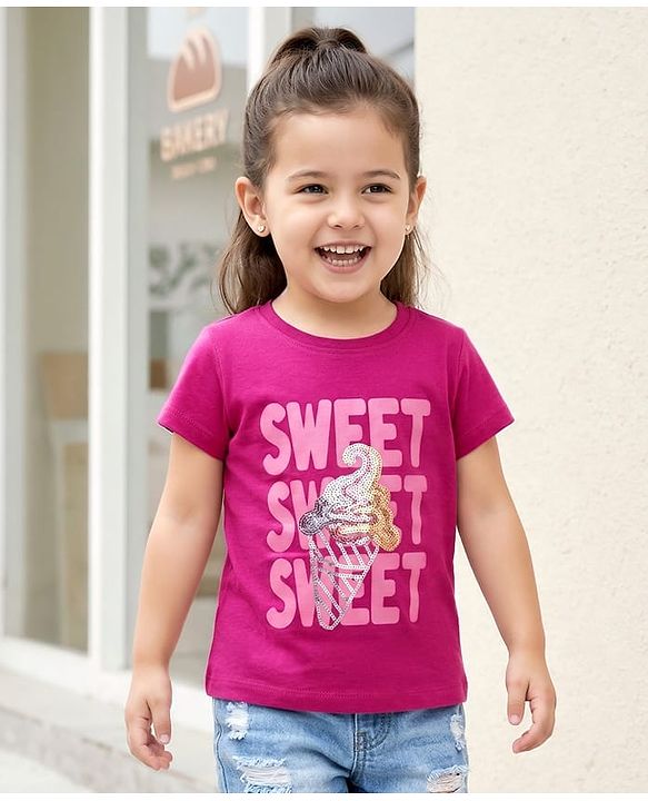 Babyhug Cotton Knit Half Sleeves T-Shirt With Ice Cream Sequins Detailing - Pink