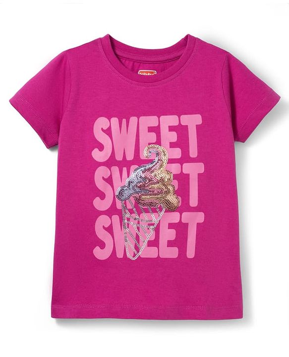 Babyhug Cotton Knit Half Sleeves T-Shirt With Ice Cream Sequins Detailing - Pink